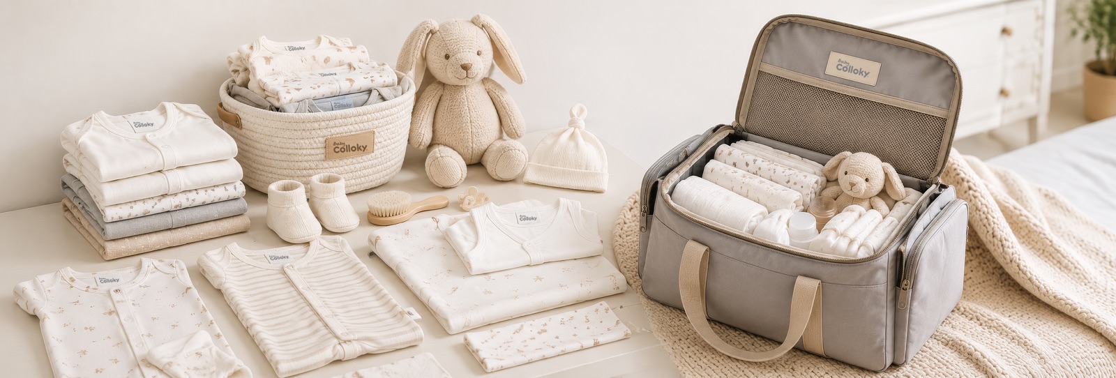 Ajuar de recién nacido Baby Colloky con bodies, mantas, gorrito, escarpines y maleta lista para la clínica