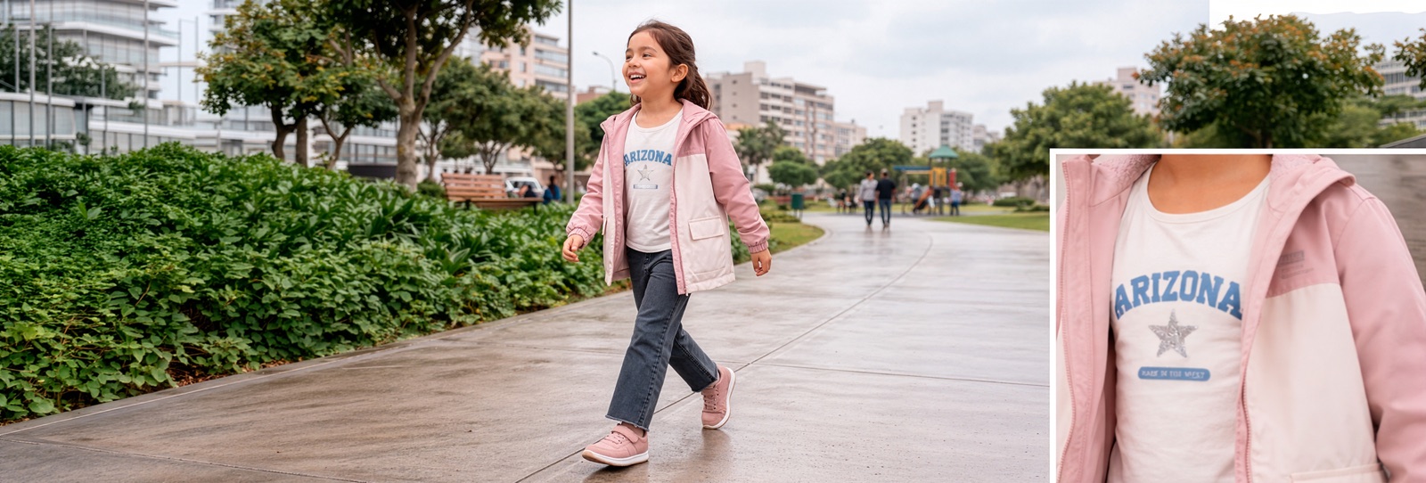 Niña con casaca cortaviento rosa con capucha caminando al aire libre — casacas cortaviento e impermeables para niñas en Perú