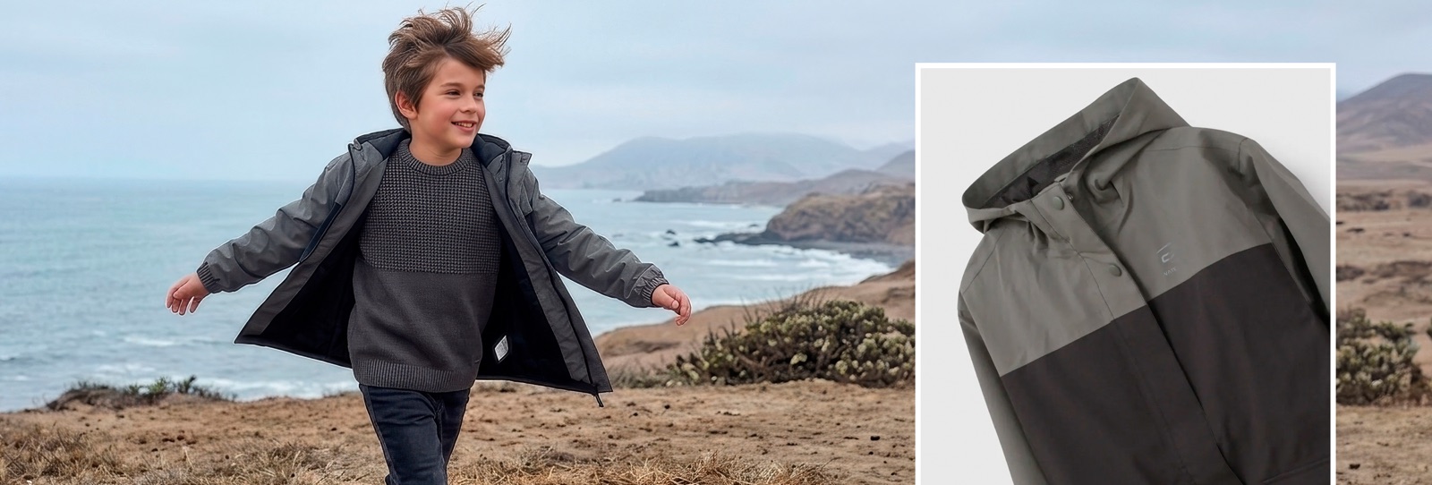 Niño con casaca cortaviento impermeable con capucha en la costa — ropa impermeable y casacas para niños en Perú