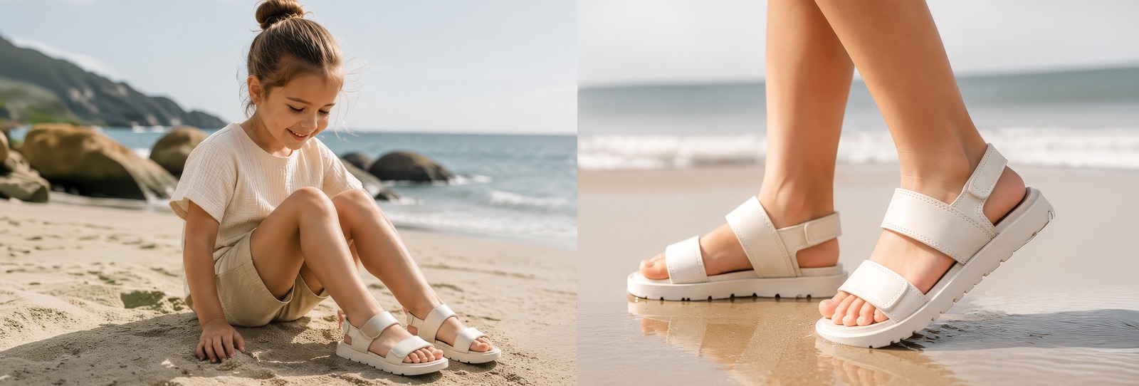Niña en la playa con sandalias blancas de verano con velcro — sandalias para niños para playa y piscina en Perú