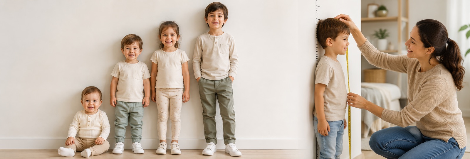 Niños de distintas edades ordenados por estatura mientras una mamá mide a uno con cinta métrica — guía de tallas de ropa para niños en Perú