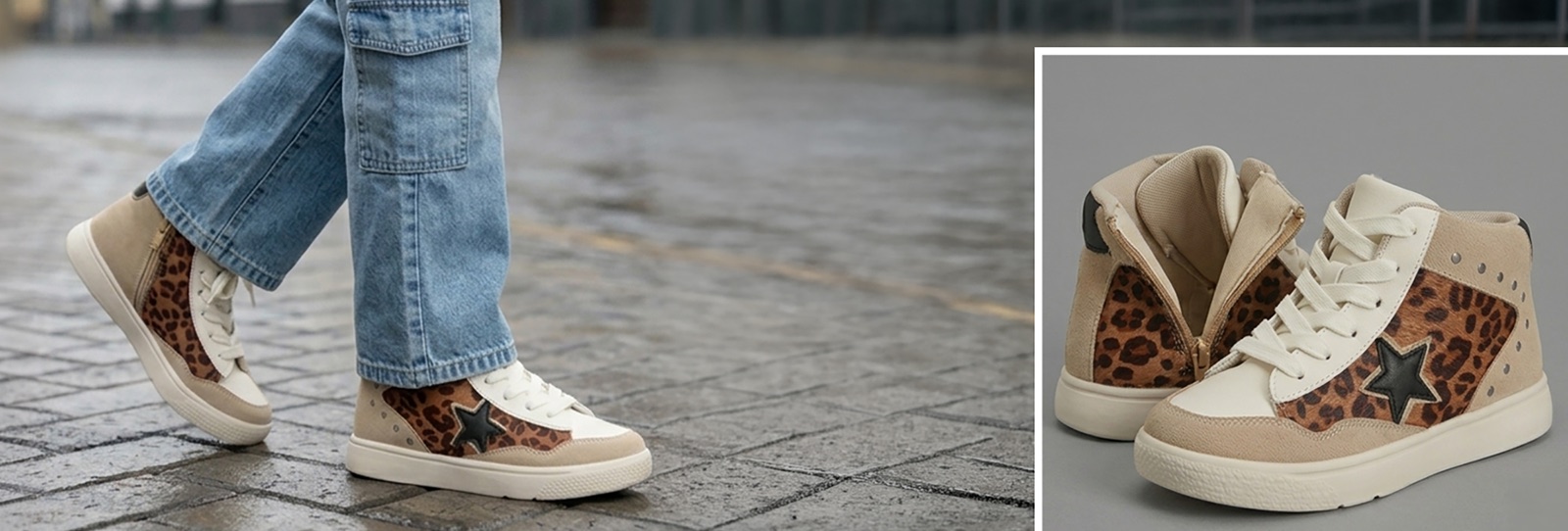 Niña con zapatillas botines blancas de estampado leopardo y estrella — zapatillas para niña en Perú por edad