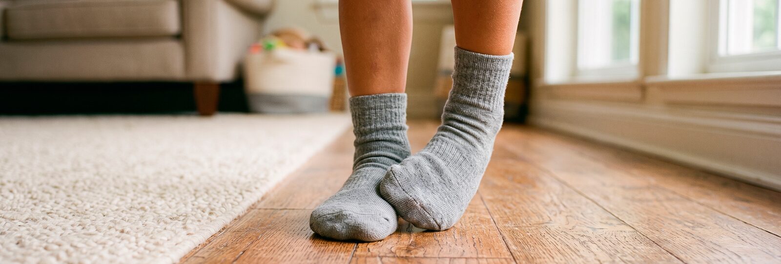 Pies de niño con medias grises sobre piso de madera, situación que favorece los hongos y el pie de atleta