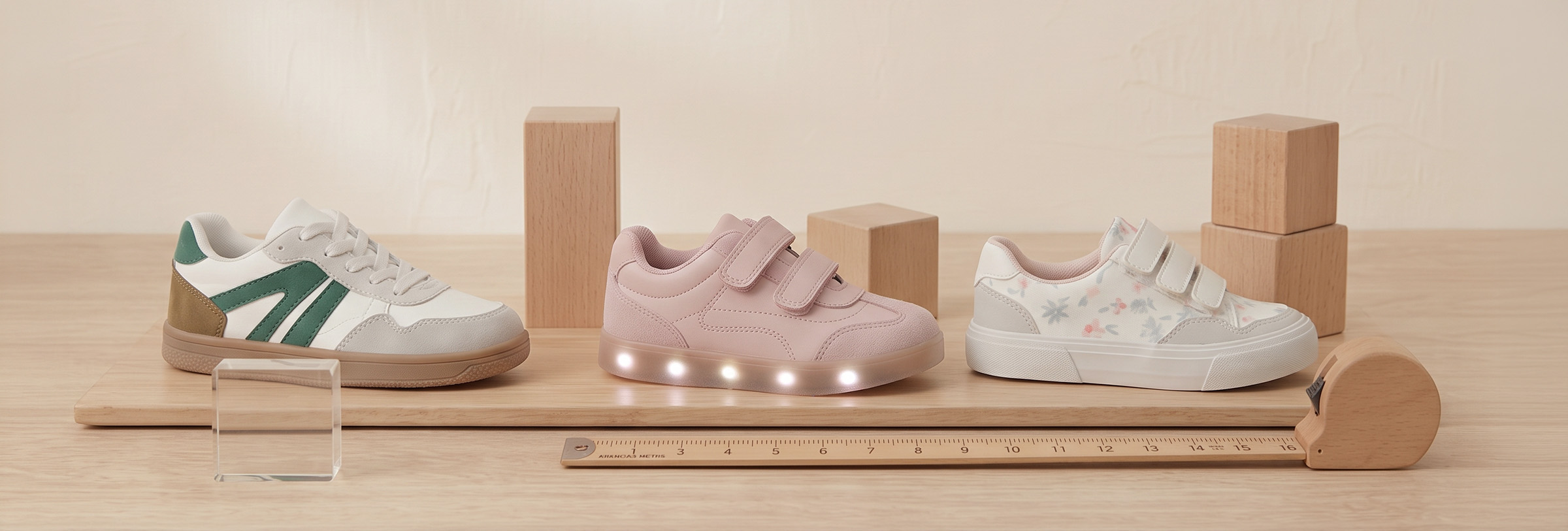 Tres zapatillas infantiles junto a una regla en centímetros para elegir la talla correcta