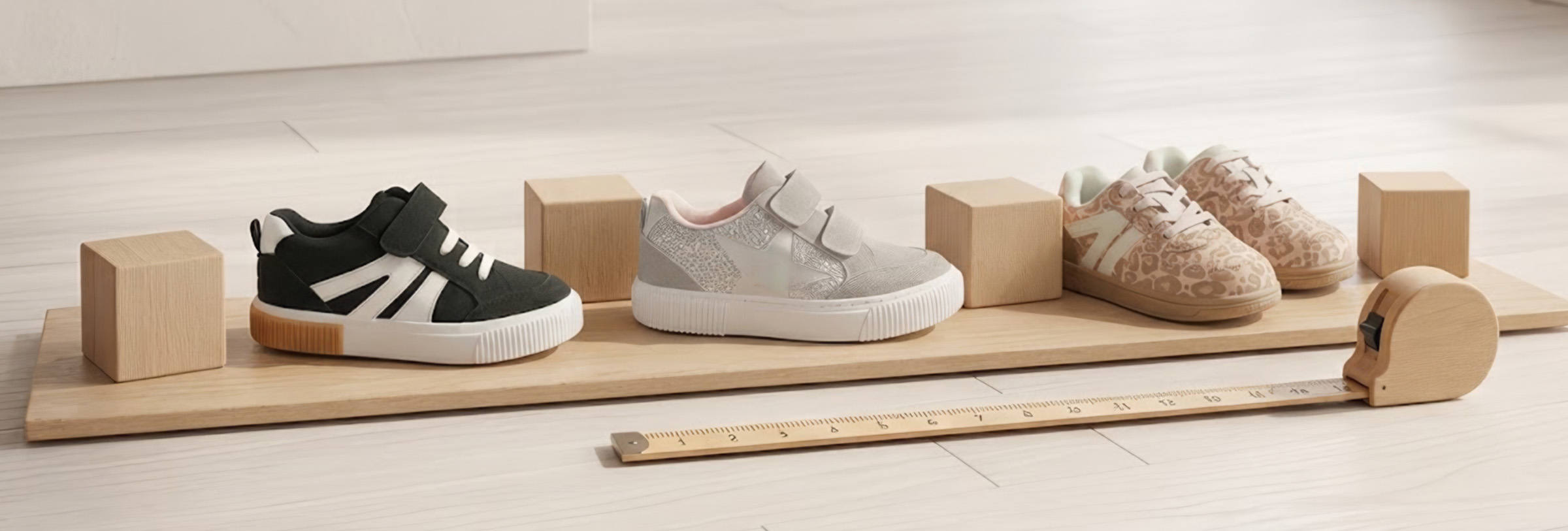 Tres zapatillas de niño de distintas tallas junto a una regla de madera para medir el pie